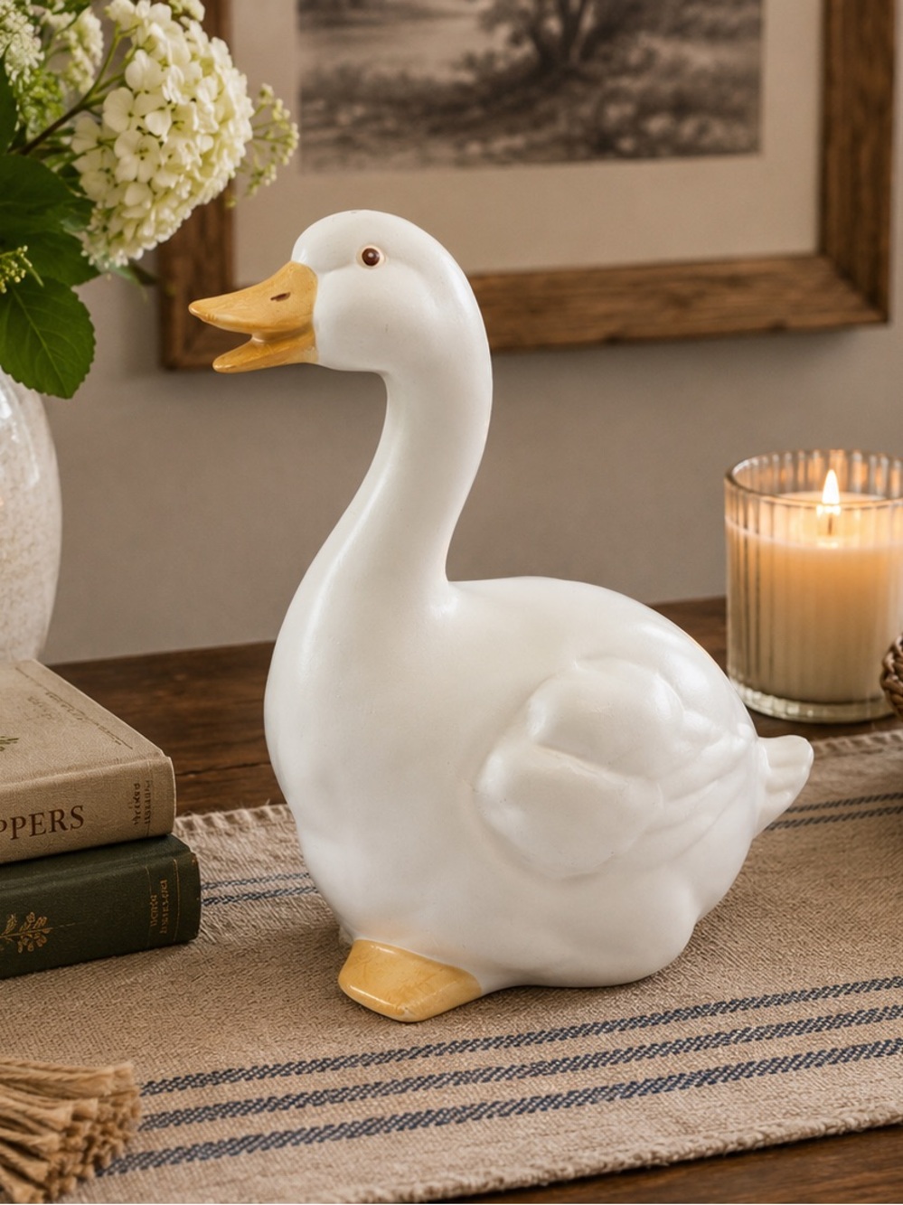 Vintage Enesco White Ceramic Goose Figurine Open Beak 8” Farmhouse Cottage Decor